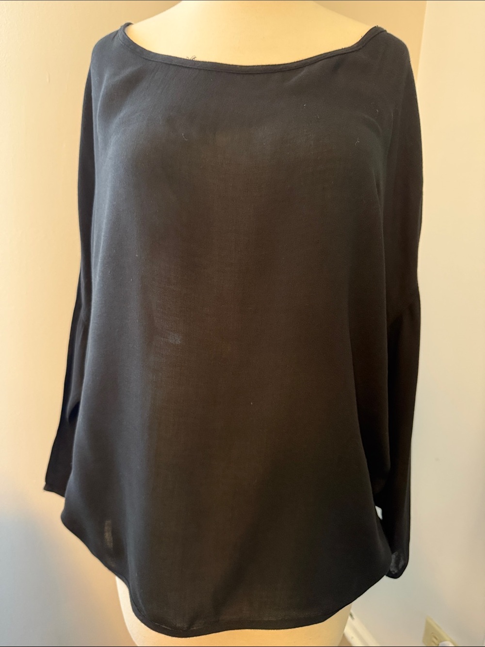Women's Relaxed Oversized Black Boatneck Short 3/4 Sleeve Tunic Top One Size